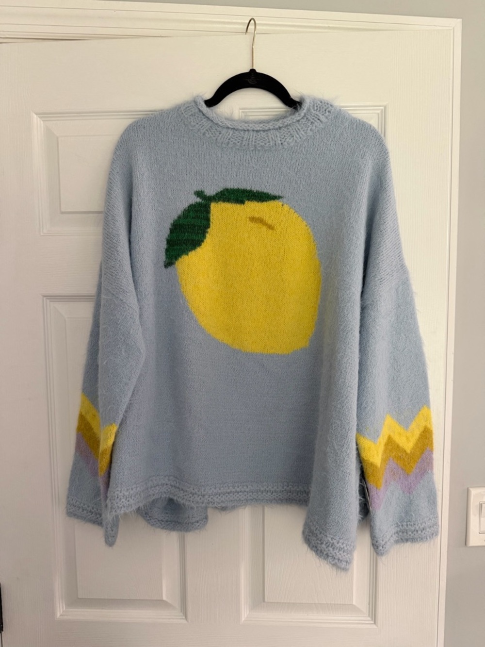 Free People Light Blue Crewneck Sweater with Yellow Lemon Motif